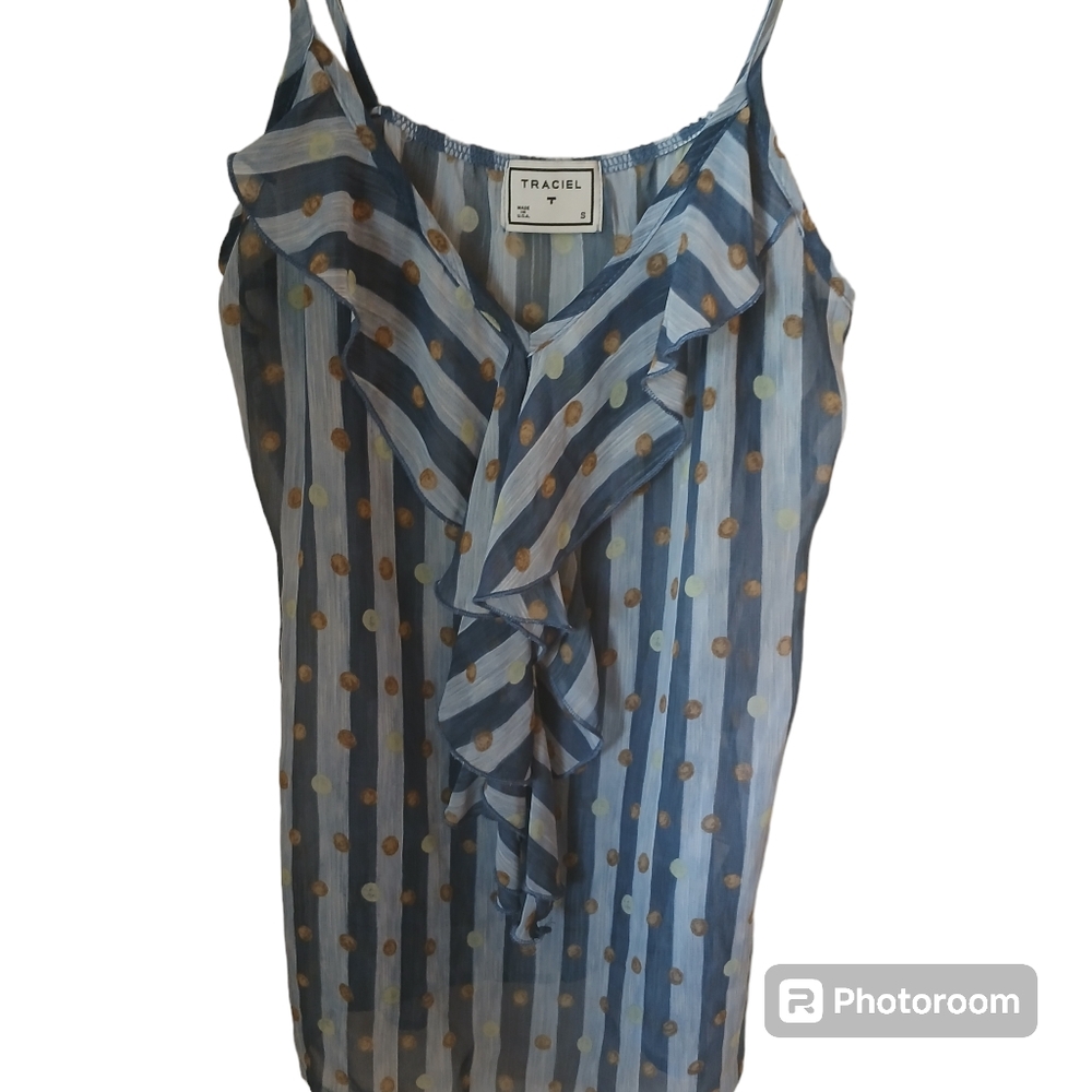 Traciel Women's Sheer Blue Stripe Tank With Gold Circles and Ruffle Size S